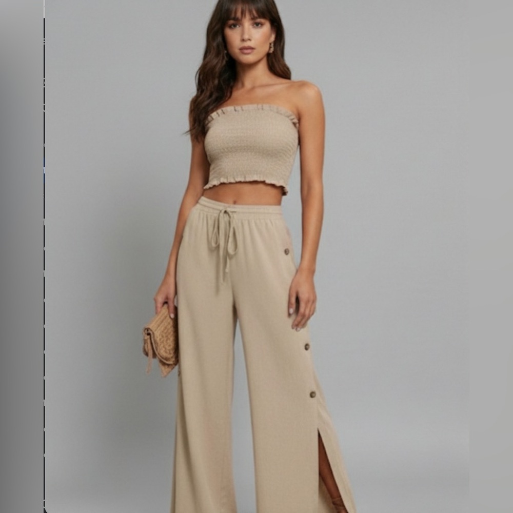 Boho Frill Trim Tube Top & Split Hem Pants